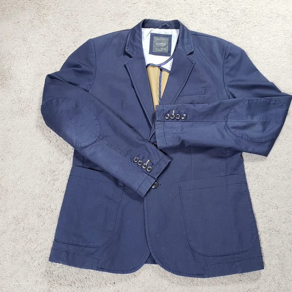 Pull&Bear Men's Blue Unstructured Blazer Jacket Large L EUR 2-Button Sport Coat‎